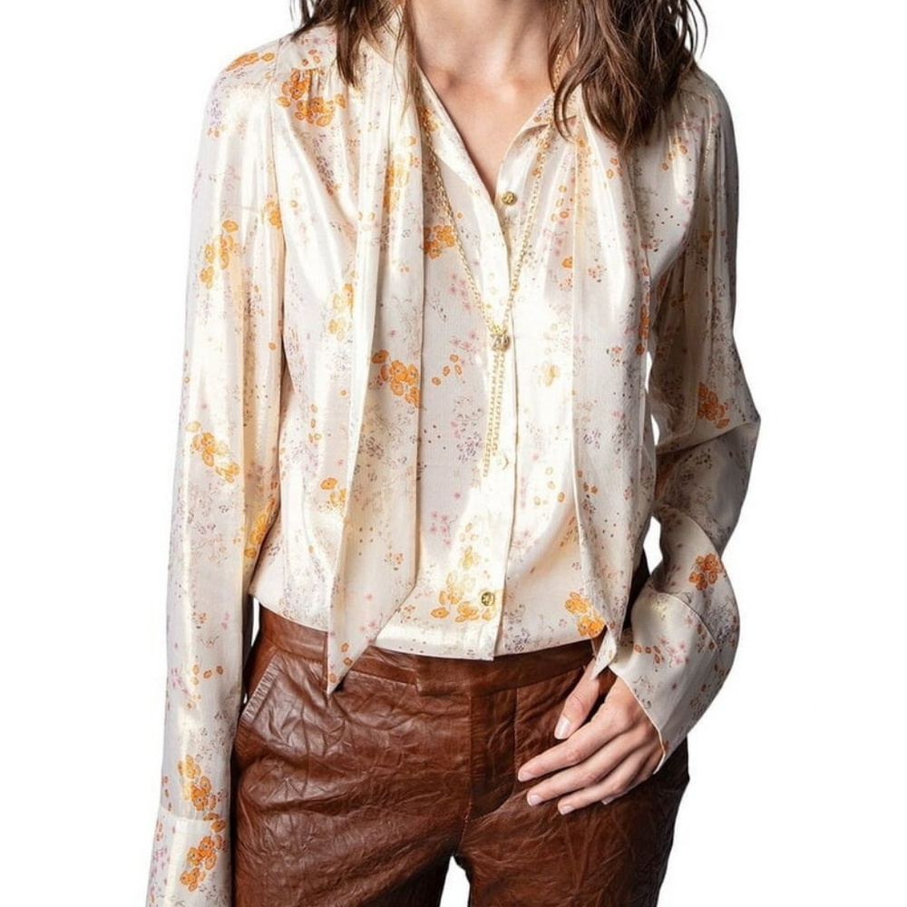 NWT Zadig & Voltaire Tioly Gold Lame Flowers Blouse Necktie Size XS 70s Boho